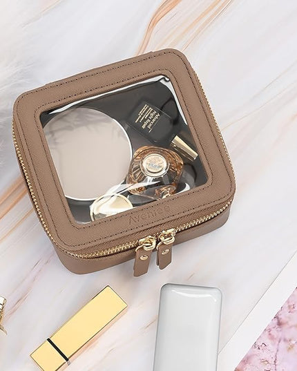 Aveniee Mini Clear Makeup Bag, Small Travel Toiletry Bag Cosmetic Bags TSA Approved, Clear Makeup Case Pouch with Zipper, Car Organizer Essentials for Women Men,Taupe