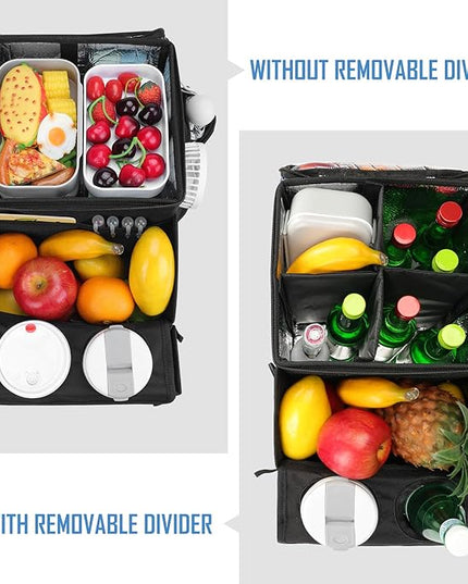 COOLBEBE Car Seat Organizer, Backseat Car Organizer with Cup Holders for Kids and Adults Travel, Cooler Compartment Passenger Seat Organizer Storage Box for Front or Middle Seat, Black