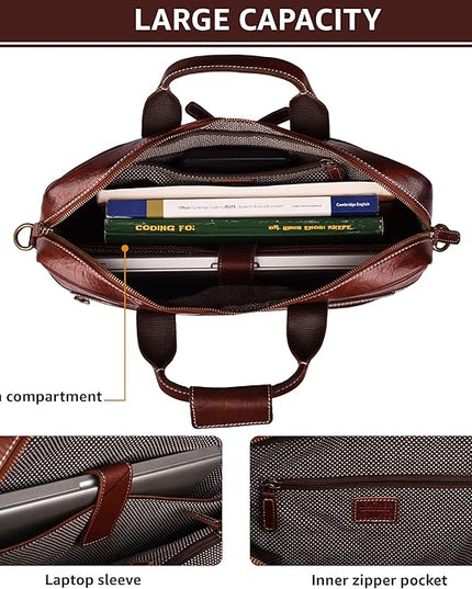LEATHER VILLAGE 18" Leather Laptop Messenger Briefcase Bag for Men-Leather Satchel for Travel and Office Shoulder Bag-Red Brown