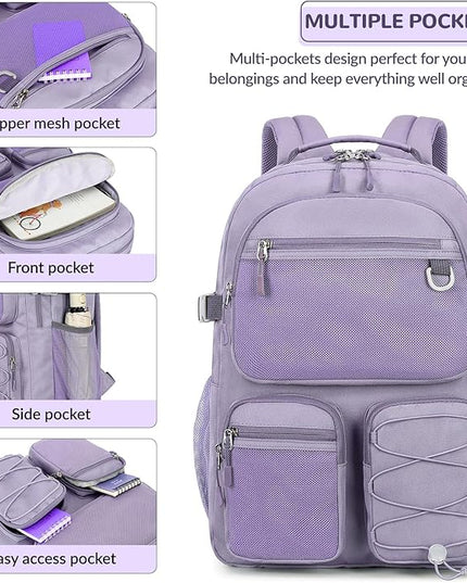Lohol Water Resistant Backpack with Mulitiple Pockets for Travel Outdoor College, 15.6 inch Laptop Bookbag for Girl and Women (Purple)