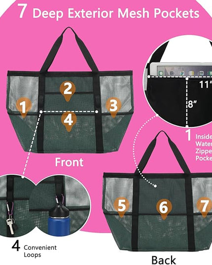 Mesh Beach Bag, Large Beach Tote with Zipper Pocket, Toys Pool Bag for Family Travel Vacation Cruise Essentials