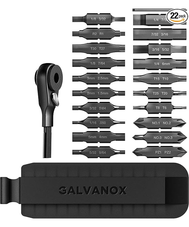 Galvanox 22PC Accessories Set, Compatible with Leatherman Multi-Tools [59HRC] Hardened Double-Sided 21 Piece Bit Kit with Flat-End Ratchet Driver and Sheath Holder (Black)