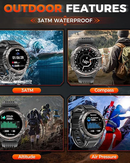 KE5 Military Smart Watch for Men with Flashlight SOS 3ATM Waterproof Watch 530mAh Big Battery 1.45" Rugged Tactical Smartwatch with Compass Elevation Barometer Fitness Watch for iPhone (Brown+OLight)