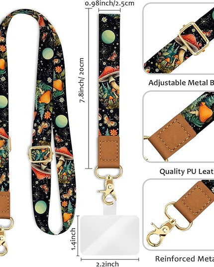 Phone Lanyard Crossbody Wrist Strap, Cute Mushroom Cell Phone Lanyards for Around the Neck Wristlet Shoulder, Adjustable Strap for Car Keys Keychain Wallet ID Badge Black