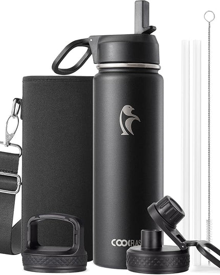 Coolflask Water Bottle 20 oz Insulated with Straw, Stainless Steel Metal 3 Lids Water Flask Wide Mouth for Sports or Office, Non-BPA Keep Cold Up to 48 Hrs or Hot Up to 24 Hrs, Magic Black