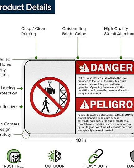 Danger Fall Or Crush Hazard Always Use The Level Mounted Bilingual Sign, 12x18 Inches, 3M EGP Reflective .063 Aluminum, Fade Resistant, Made in USA by My Sign Center