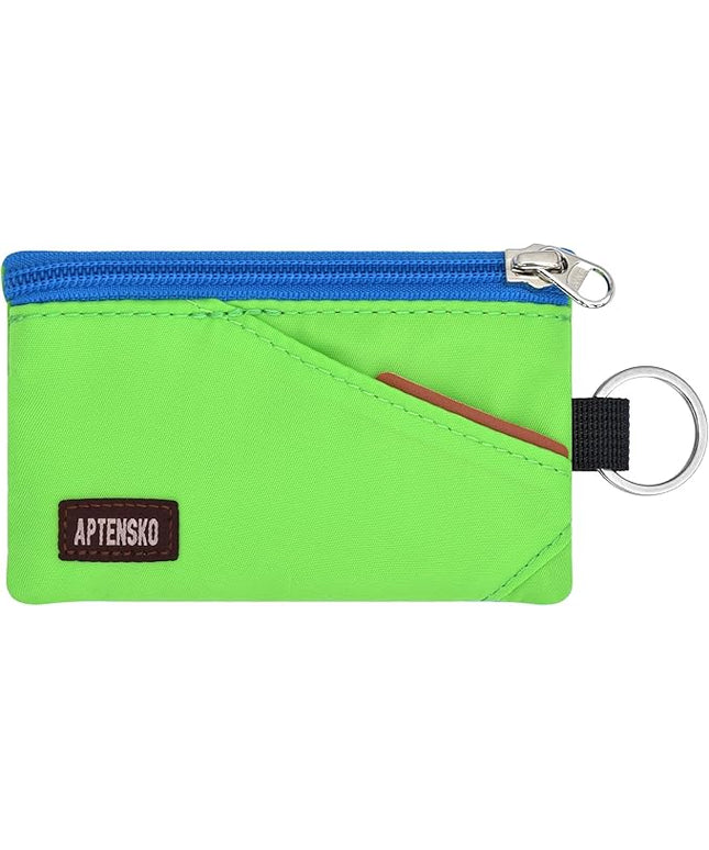RFID Travel Wallet with Adjustable Lanyard-Zipper Small Wallet with ID Card Holder, Keychain for women&men-Minimalist Slim Waterproof Nylon case for ID, Cash, Key (Green)