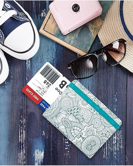 WALNEW Passport Holder for Travel, RFID Passport Cover Wallet for Women Men, PU Leather Passport Book Card Holder Case with Pen (Elastic Band Closure, D-Green Petals)