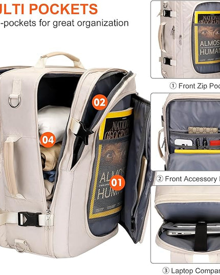 PIJUSHI Travel Backpack for Women Flight Approved Carry on Bag 16 inch Laptop Personal Item Daypack with Shoe Compartment(PE038 Beige)
