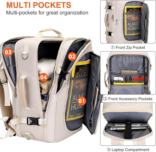 PIJUSHI Travel Backpack for Women Flight Approved Carry on Bag 16 inch Laptop Personal Item Daypack with Shoe Compartment(PE038 Beige)