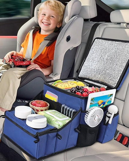 COOLBEBE Car Seat Organizer, Backseat Car Organizer with Cup Holders for Kids and Adults Travel, Cooler Compartment Passenger Seat Organizer Storage Box for Front or Middle Seat, Navy Blue