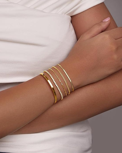 Gold Bracelets Set for Women Stack, Dainty Thick Bracelets Stack for Women Trendy, Simple Thin Gold Plated Cuff Stackable Bracelets With Beaded Cuban Paperclip Snake Rope Bangle Hand Chain Jewelry Gifts for Women Non Tainish