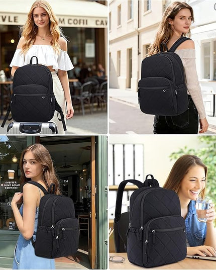 College Laptop Backpack, School Backpack for Girls Boys, Quilted Casual Daypack, Water-Resistant Bookbag for 15.6 Inch Laptop, Black