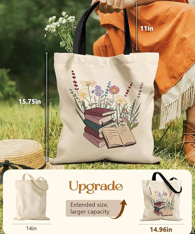 Aesthetic Tote Bag for Girls - with Magnetic Buckle and Zipper Inner Pocket for Women Lady Canvas Cotton Tote Bag