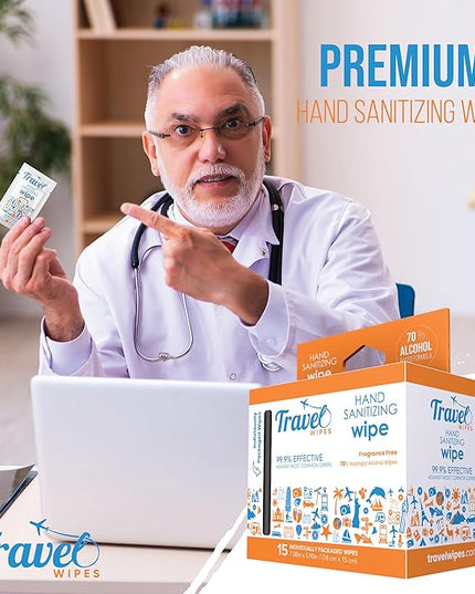 Hand Sanitizing Travel Wipes – 15ct Individually Wrapped | Fragrance-Free, Moisturizing, 70% Isopropyl Alcohol Wipes | Travel, Home, Office, Daily Use | Made in USA