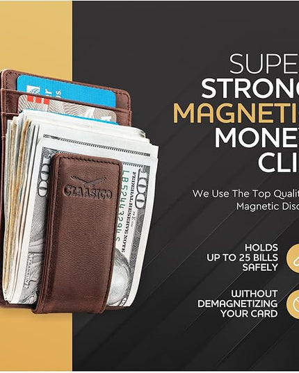 Money Clip Leather Wallet For Men Slim Front Pocket RFID Blocking with Super Strong Magnetic