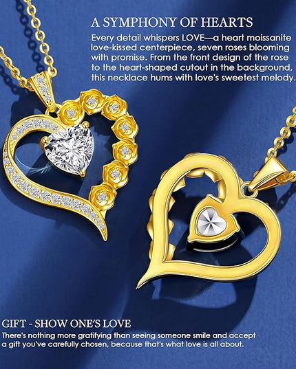 Beam & Bask 2-3 Carat Moissanite Rose Flower Heart Necklace for Her, Sterling Silver Plated with 18K Gold, Birthday, Wedding, Anniversary Pendant Jewelry for Girlfriend, Wife, Bride, Soulmate