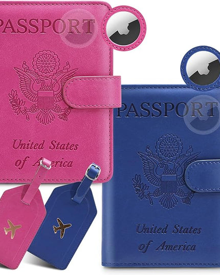 2 Pack Passport Holder For Travel with Slot for AirTag & Luggage Tag Cover – RFID Blocking Passport Holder for Travel Women/Men | PU Leather Passport Case with Pocket, Blue/Pink