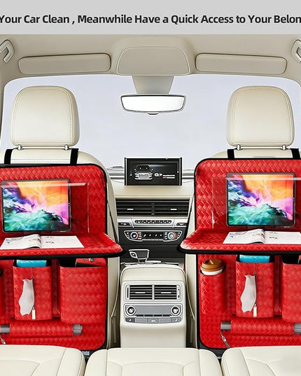 Car Back Seat Organizer, Black Woven Leather Storage Bag, Multifunctional Rear Seat Protector with Tablet Holder, 25.2x17.7 Inches, Abrasion Resistant (red)