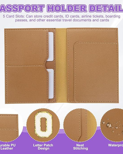 PATIKIL Passport Holder for Travel, Initial Passport Cover and Luggage Tag Set with Alphabet Chenille Letter Patch Travel Wallet Bag Suitcase Identifier for Women Family Travel Brown O