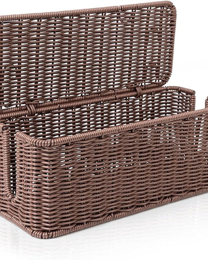 Cable Management Box, Handmade Rattan Cable Organizer with 2 Open Slots, Cord Hider for Power Strip, Router & USB Hub, Registered U.S. Design Patent (D1,112,102), 13" x 5.1" x 5.1", Brown