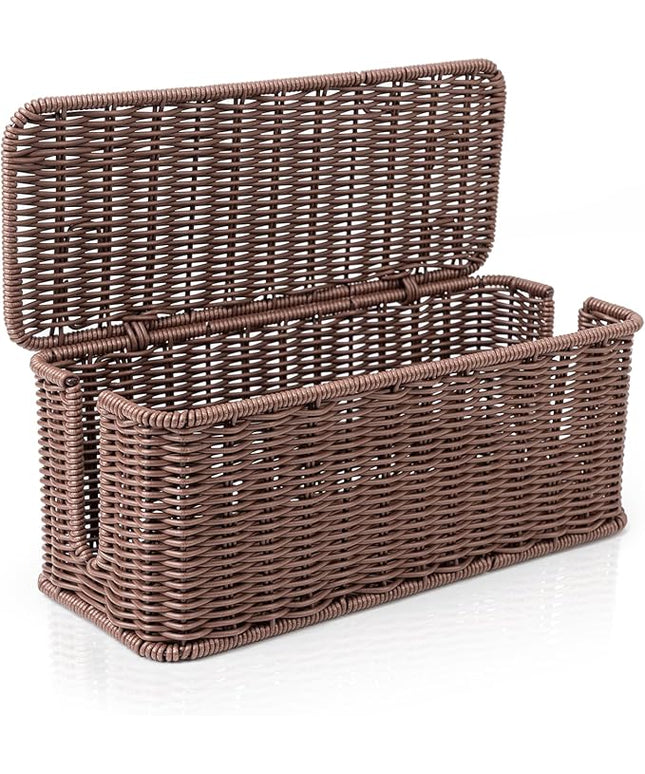 Cable Management Box, Handmade Rattan Cable Organizer with 2 Open Slots, Cord Hider for Power Strip, Router & USB Hub, Registered U.S. Design Patent (D1,112,102), 13" x 5.1" x 5.1", Brown