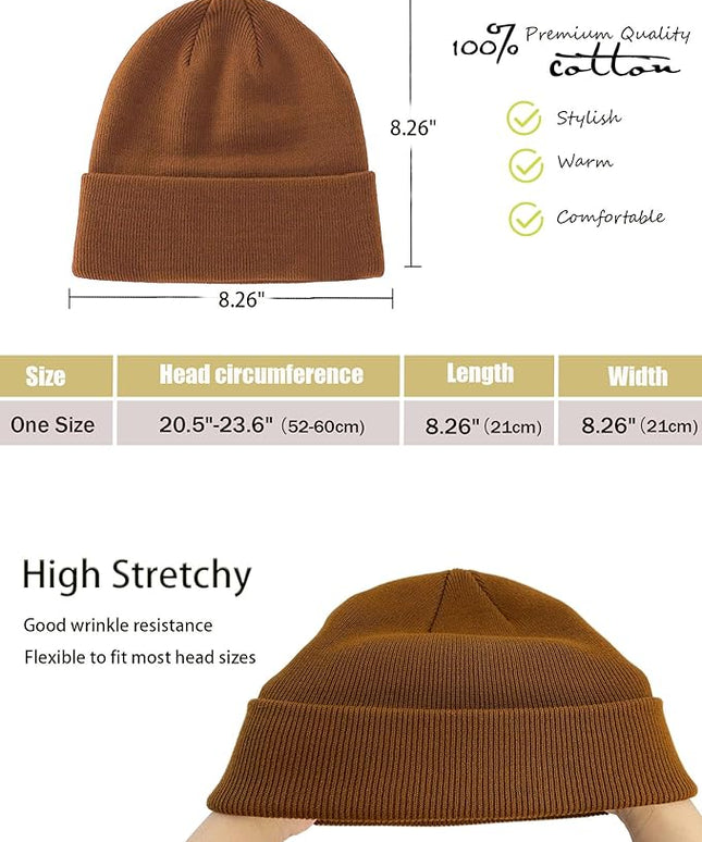 100% Cotton Beanie Hat- Unisex Ultra Soft Winter Warm Stretch Knit Cuffed Hats Fisherman Beanies Skull Cap