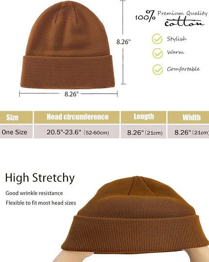100% Cotton Beanie Hat- Unisex Ultra Soft Winter Warm Stretch Knit Cuffed Hats Fisherman Beanies Skull Cap