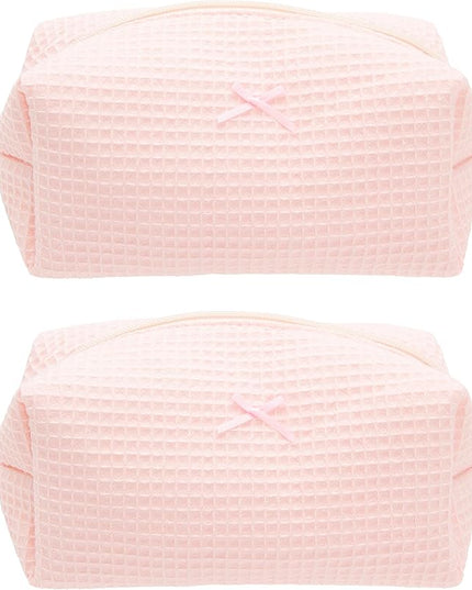 PAZIMIIK 2PCS Cozy Makeup Bag Travel Cosmetic Bag for Women Soft Toiletry Bag Aesthetic Makeup Organizer Portable Large Zipper Pouch for Skincare Beauty Accessories Brushes Waffle Check Light Pink