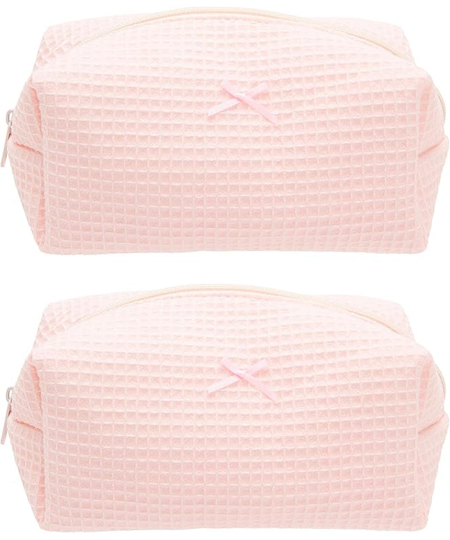 PAZIMIIK 2PCS Cozy Makeup Bag Travel Cosmetic Bag for Women Soft Toiletry Bag Aesthetic Makeup Organizer Portable Large Zipper Pouch for Skincare Beauty Accessories Brushes Waffle Check Light Pink