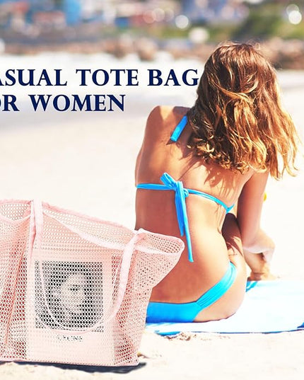 Mesh Beach Bag, Large Beach Tote with Zipper Pocket, Toys Pool Bag for Family Travel Vacation Cruise Essentials