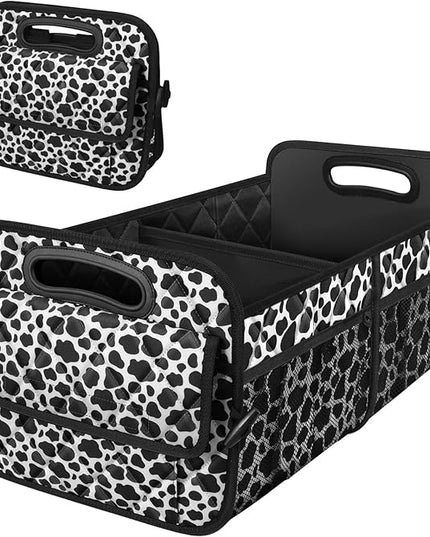 Deosk Car Organizer for SUV - 6 Big Pocket Trunk Storage With Waterproof Polyester, Car Accessories for Women/Men, Cow Print (Medium)