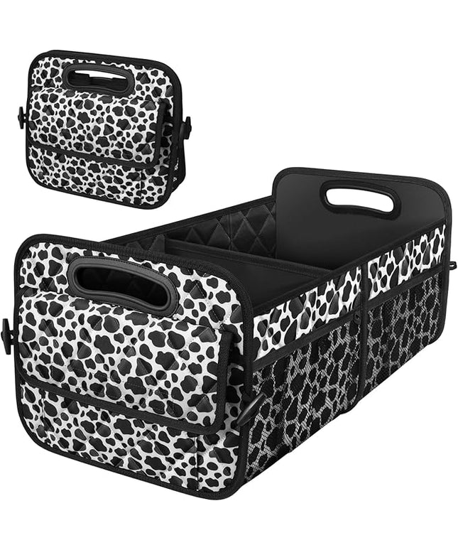Deosk Car Organizer for SUV - 6 Big Pocket Trunk Storage With Waterproof Polyester, Car Accessories for Women/Men, Cow Print (Medium)