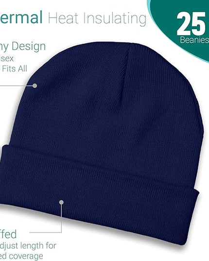 25 Pack Winter Beanie Hats, Unisex Thermal Toboggan Cold Weather Cuffed Caps Bulk Bundle