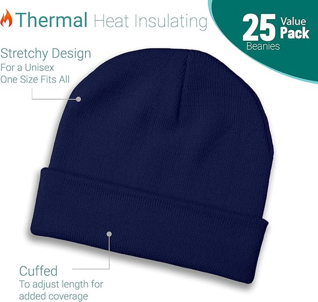 25 Pack Winter Beanie Hats, Unisex Thermal Toboggan Cold Weather Cuffed Caps Bulk Bundle