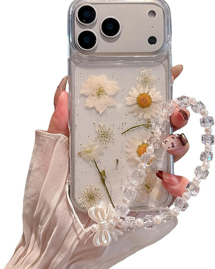 for iPhone 17 Pro Case Clear Soft TPU Real Daisy White Flower, Gold Foil, Luxury Bracelet Wrist Strap, Floral Design, for Women and Girls