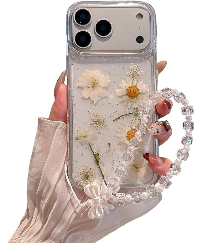 for iPhone 17 Pro Case Clear Soft TPU Real Daisy White Flower, Gold Foil, Luxury Bracelet Wrist Strap, Floral Design, for Women and Girls