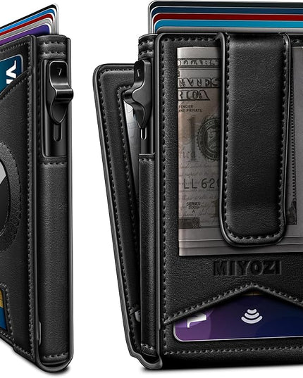 miyozi Airtag Wallet for Men Money Clip 9-Card Pop-Up Credit Card Holder with ID Window RFID Blocking Metal Case Magnetic Closure Front Pocket Wallet Gift Box