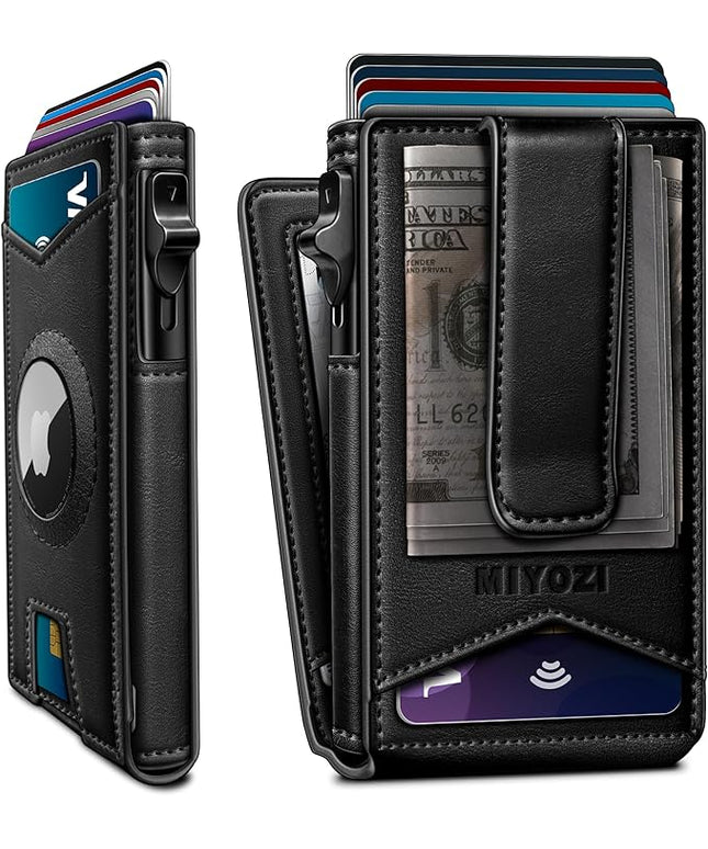 miyozi Airtag Wallet for Men Money Clip 9-Card Pop-Up Credit Card Holder with ID Window RFID Blocking Metal Case Magnetic Closure Front Pocket Wallet Gift Box
