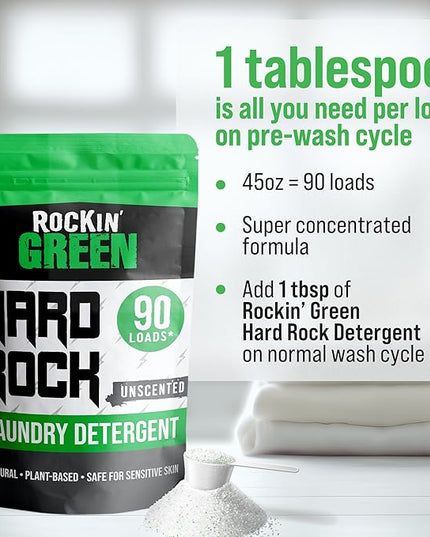 Rockin' Green Hard Rock Laundry Detergent for Hard Water (90 Loads), Plant based, Natural Laundry Detergent Powder, Biodegradable Odor Fighter, Safe for Sensitive Skin, 45 oz (Unscented)