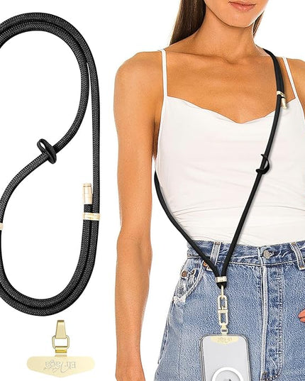 Adjustable Anti-Theft Phone Lanyard Neck & Crossbody Strap with 0.2mm Metal Tab & Comfort-Fit 8mm Rope (Black)