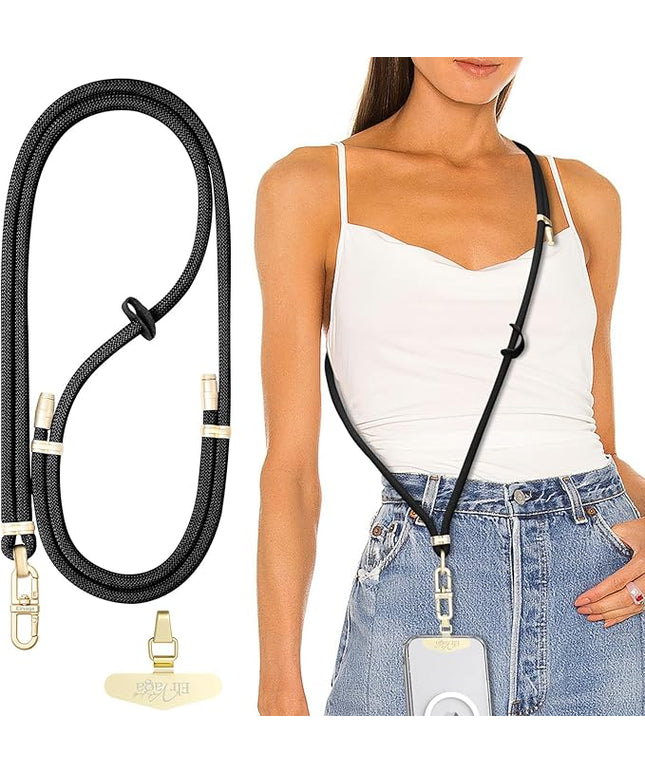 Adjustable Anti-Theft Phone Lanyard Neck & Crossbody Strap with 0.2mm Metal Tab & Comfort-Fit 8mm Rope (Black)