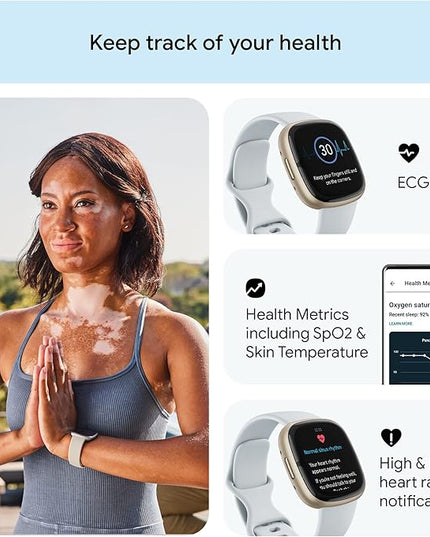 Fitbit Sense 2 Advanced Health and Fitness Smartwatch with Tools to Manage Stress and Sleep, ECG App, SpO2, 24/7 Heart Rate and GPS, Blue Mist/Pale Gold, One Size (S & L Bands Included)