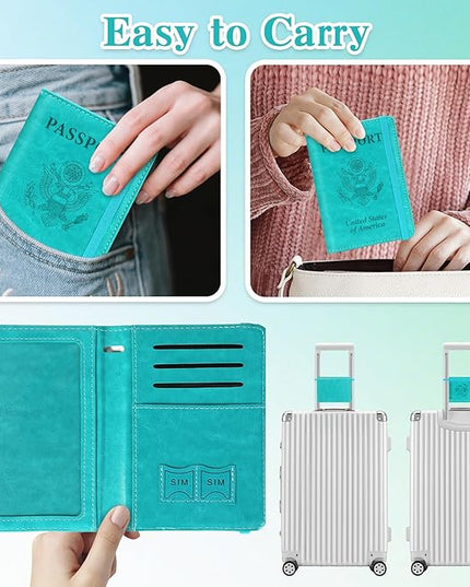 Passport Holder for Travel, RFID Blocking Passport Cover with Pen Holder Leather Passport Wallet Case Travel Must Haves Accessories Passport Book Card Holder for Family Travel Essentials, Turquoise