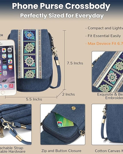 Goodhan Embroidery Canvas Crossbody Bag Cell phone Pouch Coin Purse for Women