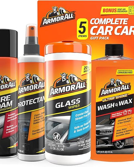 Armor All Car Wash and Car Cleaner Kit by Armor All, Includes Glass Wipes, Car Wash & Wax Concentrate, Protectant Spray and Tire Foam