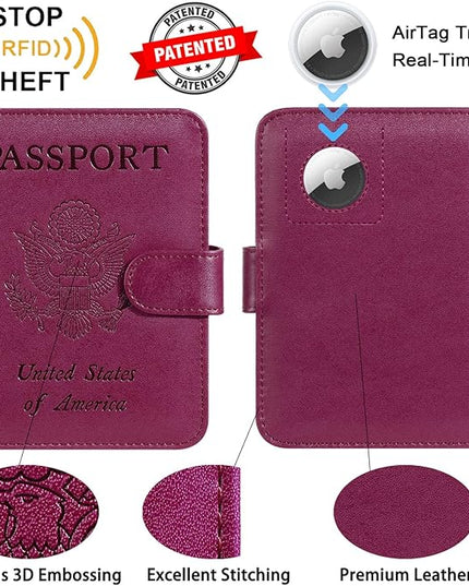 Airtag Passport Holder Cover Wallet RFID Blocking Leather Case Travel Essentials Luggage Accessories Travel Must Have(118#Purple)