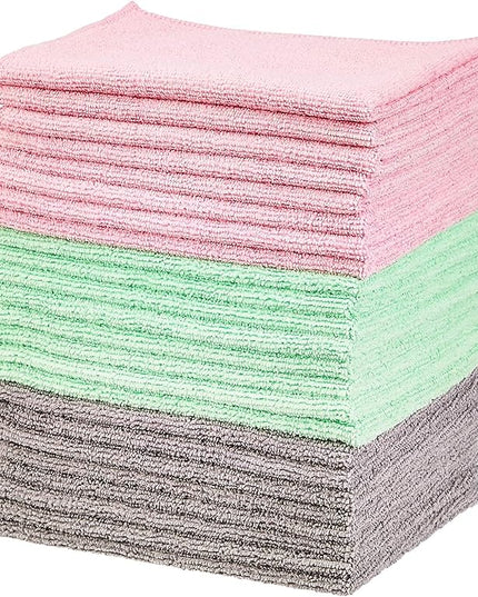 Amazon Basics Microfiber Cleaning Cloths, Ultra-Soft and Highly Absorbent, Streak-Free, Lint-Free, Scratch-Free, Washable, for Car Detailing and Glass Cleaning, 16" x 12", Green/Gray/Pink, 24-Pack