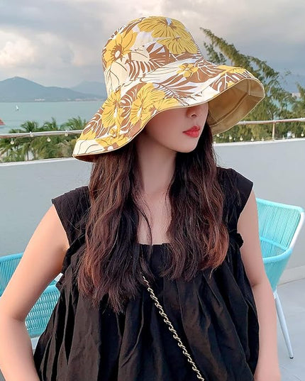 HUAMULAN Women Summer Sun Hat Wide Brim Wired Edge Floral Beach Bucket Hats Reversible Foldable Travel UV Protection Lady Hat