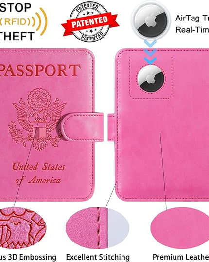 Airtag Passport Holder Cover Wallet RFID Blocking Leather Case Travel Essentials Luggage Accessories Travel Must Have(118#Pink)